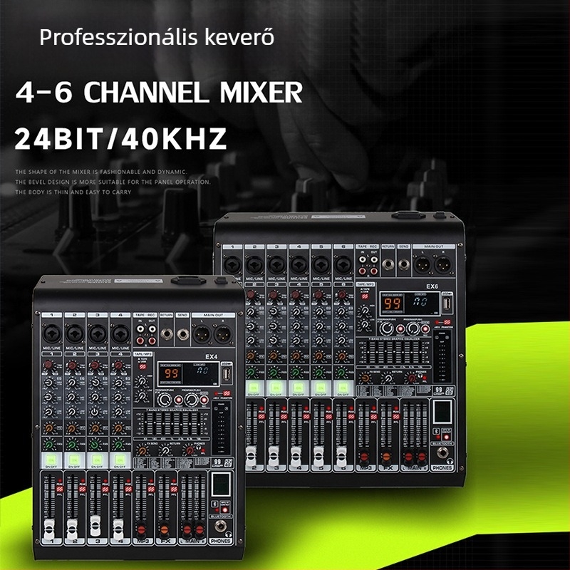 Professzionális 8-csatornás audió keverő, reverb, 7-sávos EQ, USB és Bluetooth a színpadhoz