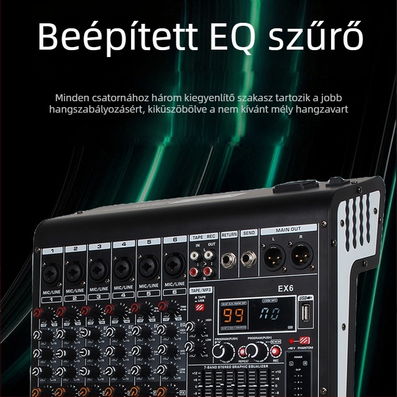 Professzionális 8-csatornás audió keverő, reverb, 7-sávos EQ, USB és Bluetooth a színpadhoz