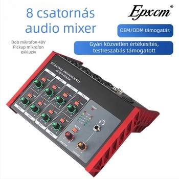 8-csatornás audiókeverő beépített 48V tápegységgel gitárhoz, dobhoz és egyéb hangszerhez, fejhallgatóval történő monitorozáshoz és számítógépes felvételhez