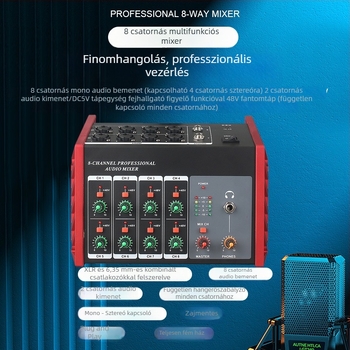8-csatornás audiókeverő beépített 48V tápegységgel gitárhoz, dobhoz és egyéb hangszerhez, fejhallgatóval történő monitorozáshoz és számítógépes felvételhez