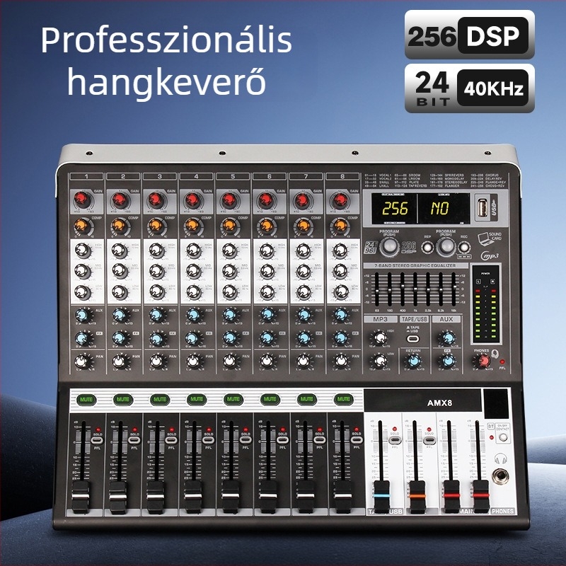 Professzionális 8-csatornás keverő, reverb és equalizerrel, USB és Bluetooth, színpadra és KTV-hez, 7-sávos