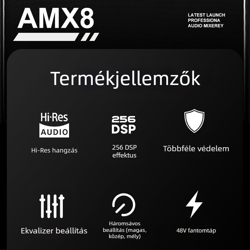 Professzionális 8-csatornás keverő, reverb és equalizerrel, USB és Bluetooth, színpadra és KTV-hez, 7-sávos