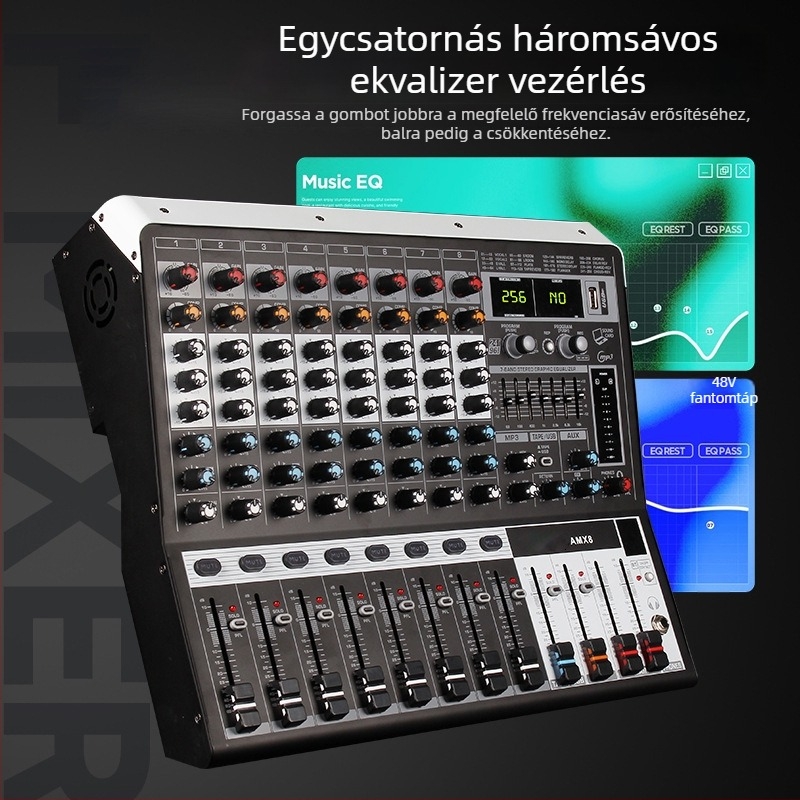 Professzionális 8-csatornás keverő, reverb és equalizerrel, USB és Bluetooth, színpadra és KTV-hez, 7-sávos
