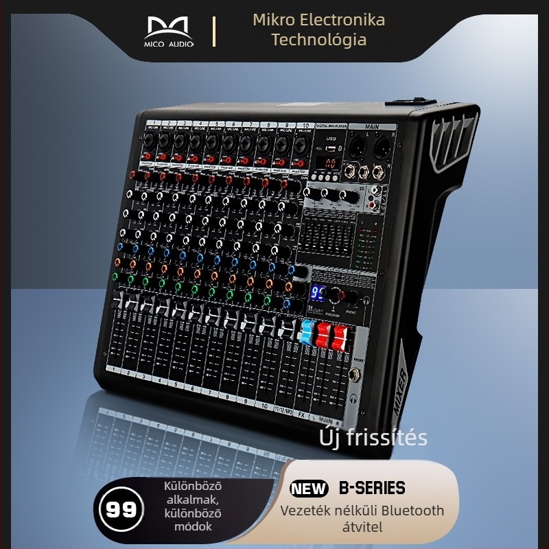 6-csatornás professzionális színpadi keverő Bluetooth és USB digitális interfésszel (Frekvencia-válasz 100Hz–20kHz, SNR ≥70dB, Nominális teljesítmény 5W, Bluetooth 2.0)