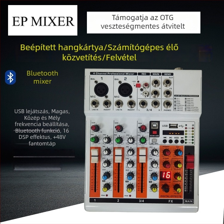 4 csatornás USB audió interfész keverő, mobilhoz és PC-hez, felvételi és reverb effektusokkal, Bluetooth előadásokhoz