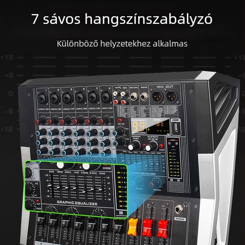 8 csatornás keverő 7-sávos EQ-val, USB-vel és Bluetooth-tal a színpadra és KTV-hez (8 csatornás, 7-sávos EQ, USB, Bluetooth)