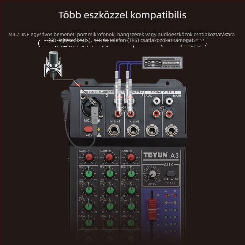 TEYUN professzionális autóhifi keverő hangszínszabályzóval és reverberátorral, 9-16V tápegység