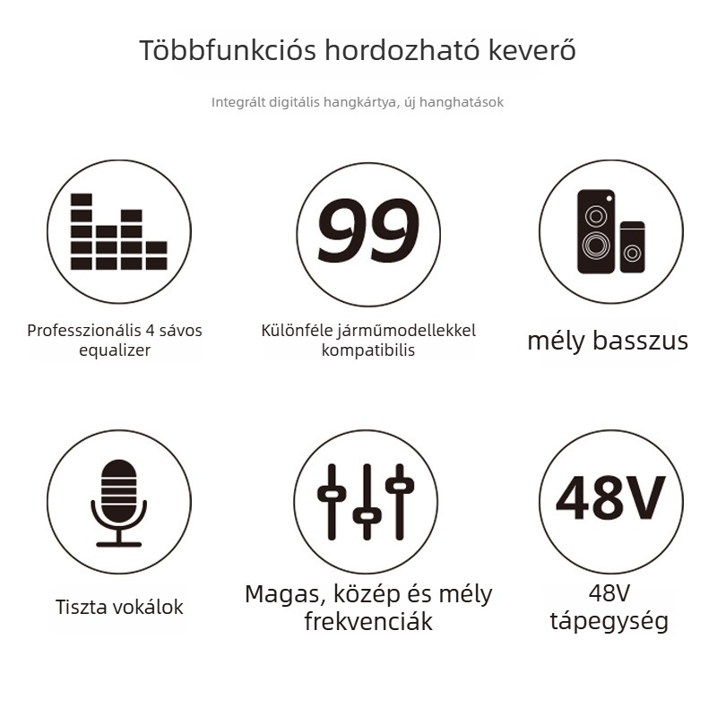 TEYUN professzionális autóhifi keverő hangszínszabályzóval és reverberátorral, 9-16V tápegység