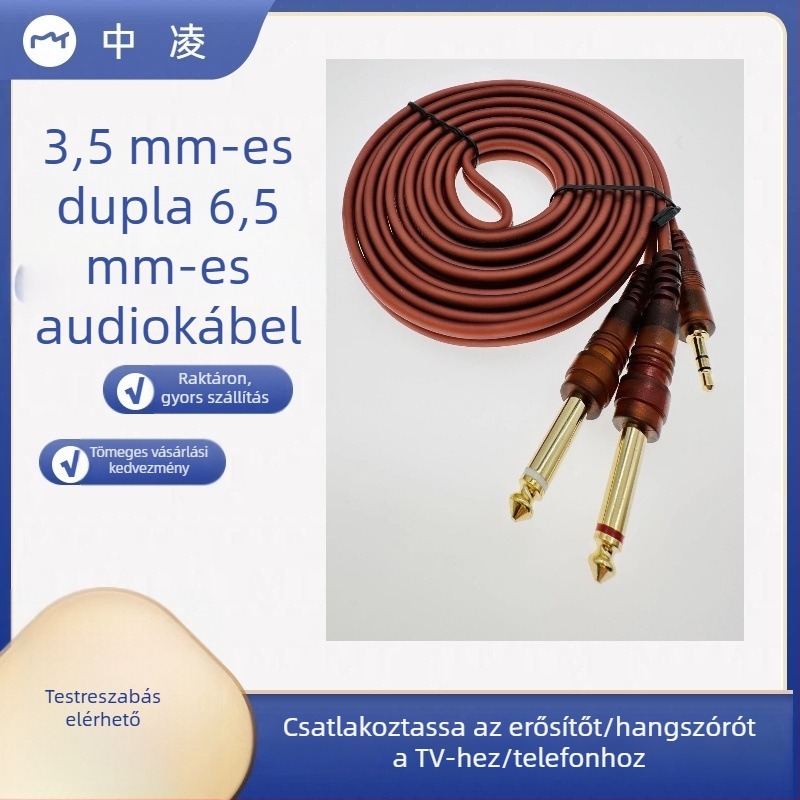 3 m aranyozott árnyékolt 3,5 mm-es kábel két 6,5 mm-es audio csatlakozóhoz; 3,5 mm-es két 6,35 mm mono csatlakozóval számítógépes keverőhöz
