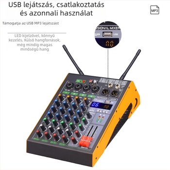 COKYIS 4-kanalas Bluetooth keverő, kettős vezeték nélküli mikrofonrendszerrel és USB élő közvetítés hangkártyával