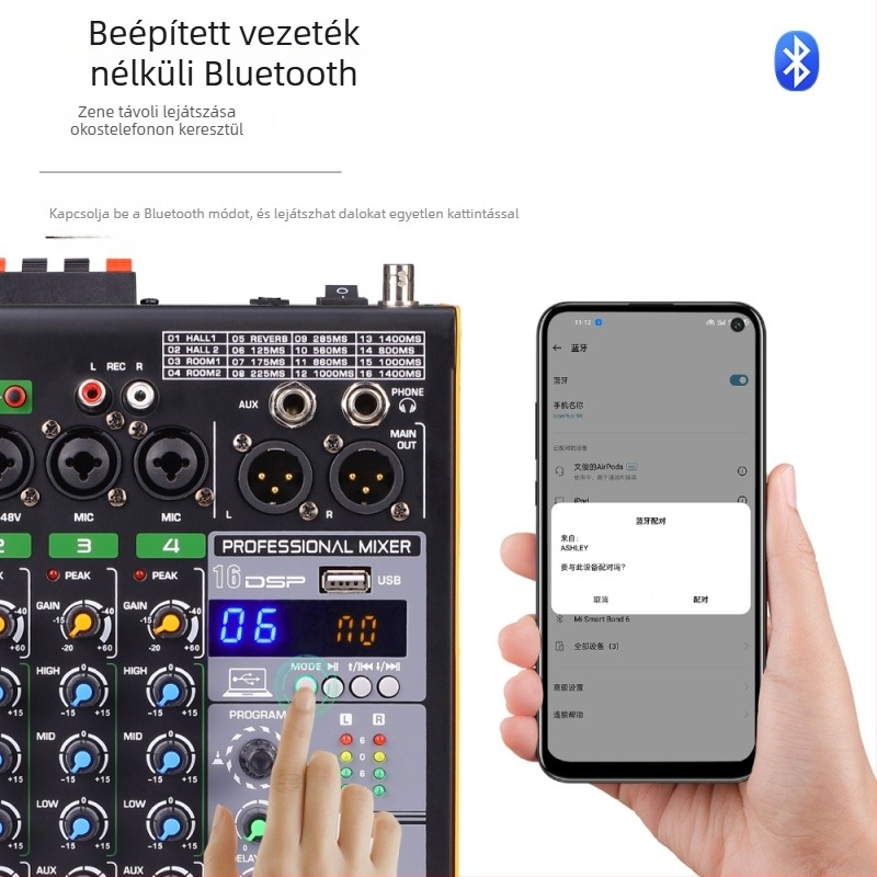 COKYIS 4-kanalas Bluetooth keverő, kettős vezeték nélküli mikrofonrendszerrel és USB élő közvetítés hangkártyával