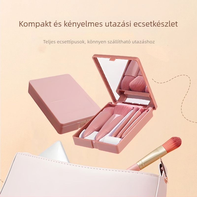 5 darabos sminkecset szett tükrös tokban, puha sörtéjű alapozó ecset, laza púder ecset, pirosító ecset és szemhéjfesték ecset