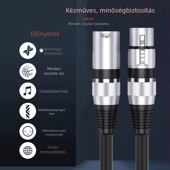 XLR férfi–nő mikrofonkábel, árnyékolt, PVC burkolattal, ROHS tanúsítvány, audio/videóhoz