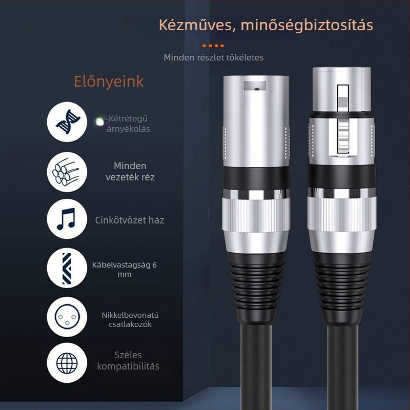 XLR férfi–nő mikrofonkábel, árnyékolt, PVC burkolattal, ROHS tanúsítvány, audio/videóhoz