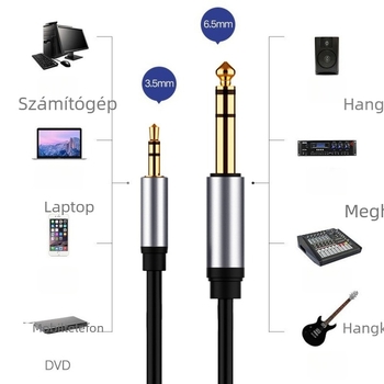 3,5 mm-től 6,5 mm-ig férfi–férfi audiókábel, aranyozott réz mag, nyers réz vezető, tömeg 0,2