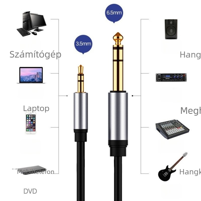 3,5 mm-től 6,5 mm-ig férfi–férfi audiókábel, aranyozott réz mag, nyers réz vezető, tömeg 0,2