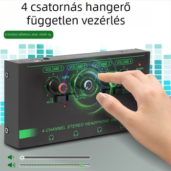 Négycsatornás fejhallgató-erősítő mono/stereo kapcsolóval, mini jelosztó, mikrofon és hangszer