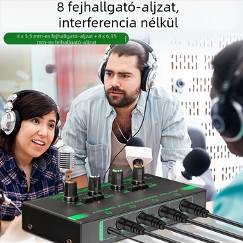 Négycsatornás fejhallgató-erősítő mono/stereo kapcsolóval, mini jelosztó, mikrofon és hangszer