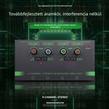 Négycsatornás fejhallgató-erősítő mono/stereo kapcsolóval, mini jelosztó, mikrofon és hangszer
