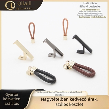 Fiókhoz való bőr zsinóros fogantyú, egy lyukkal, cinkötvözet, öntvény, ívelt dizájn, rejtett szerelés