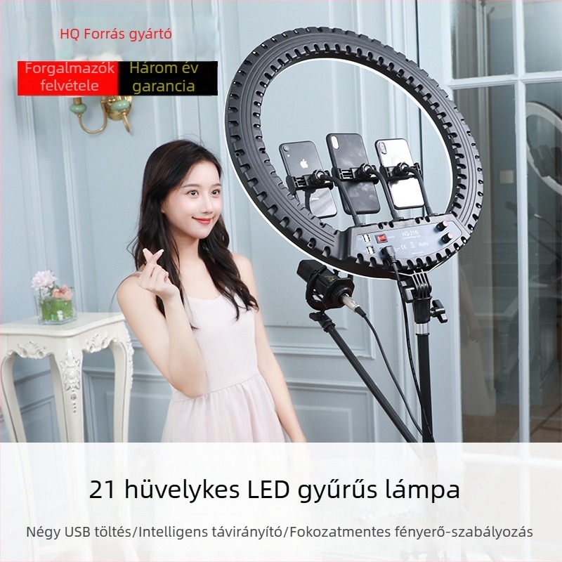 HQ-21 hüvelykes LED körfény élő közvetítéshez, telefonállvány a szelfihez és szépségfotózáshoz