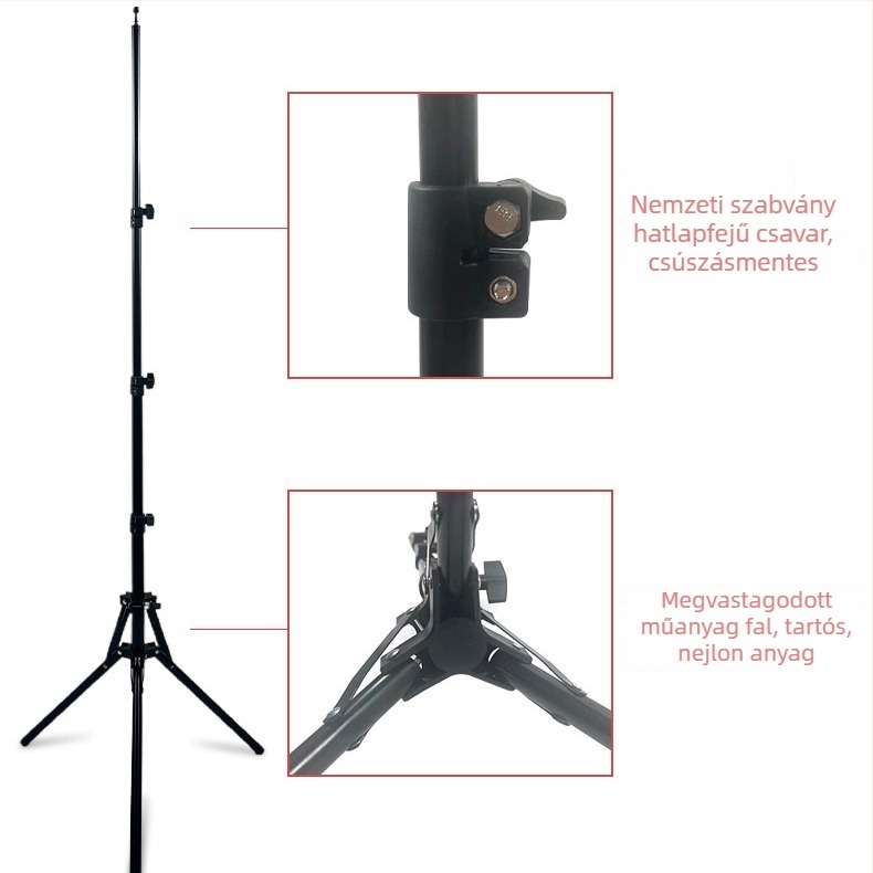 Fotózási padló állvány vas- és nylon konstrukcióval, 3 részes teleszkópos csövek, 16–25 mm átmérőjű csövek, teherbírás 2–4 kg