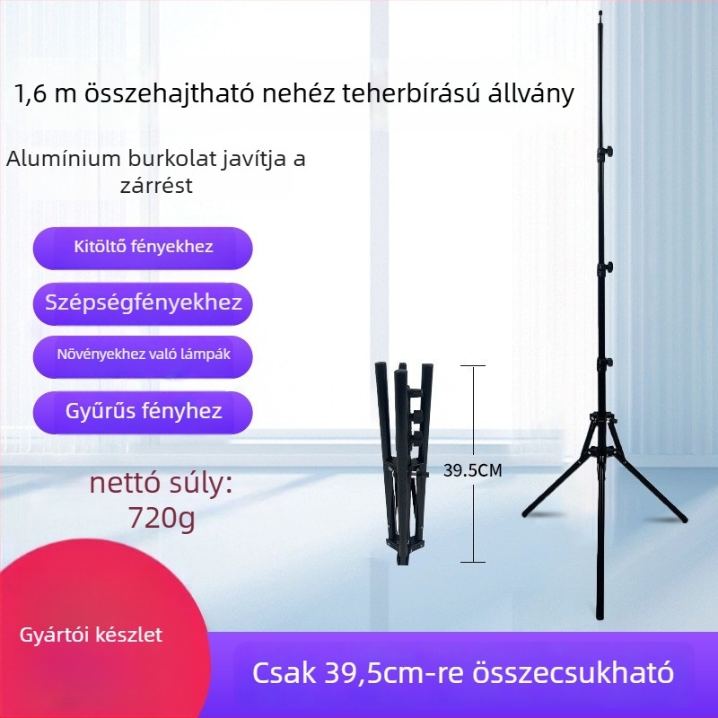 Fotózási padló állvány vas- és nylon konstrukcióval, 3 részes teleszkópos csövek, 16–25 mm átmérőjű csövek, teherbírás 2–4 kg