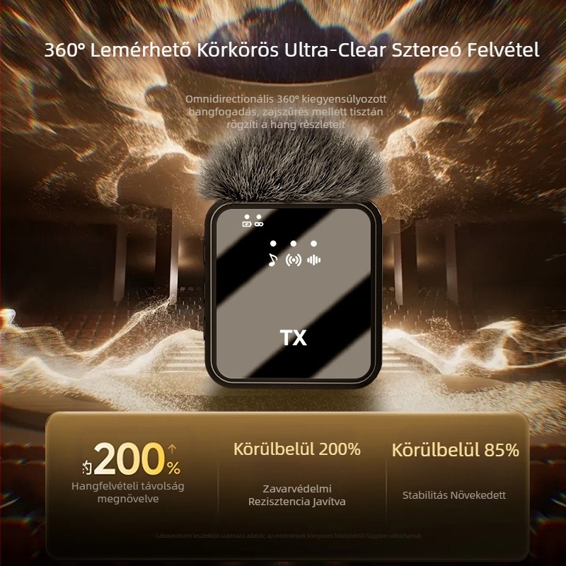 Galléros klips mikrofón – vezetékes, professzionális felvételhez, frekvenciatartomány 100 Hz–20 kHz, SNR ≥75 dB, beépített akkumulátor nélkül