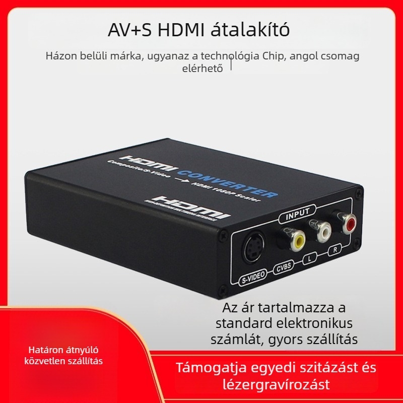 HDMI konverter: analóg S-Video/AV jel HDMI-re, kettős bemenet, 1080p, 3,5 mm-es audio