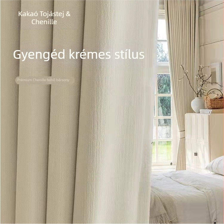 Chenille anyagú teljes sötétítő függöny, bevonat nélküli, krémszín, hálószoba és nappali számára, modern minimalista stílus.