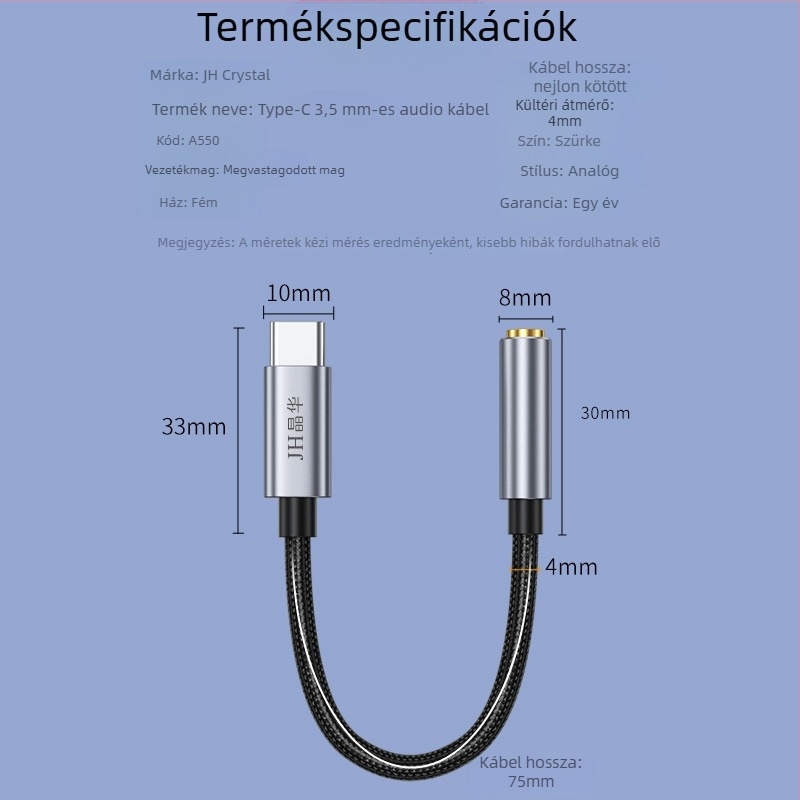 Type-C 3,5 mm-es audio adapter Androidhoz – Modell CTO3.5, Márka JH, Termékkód A55