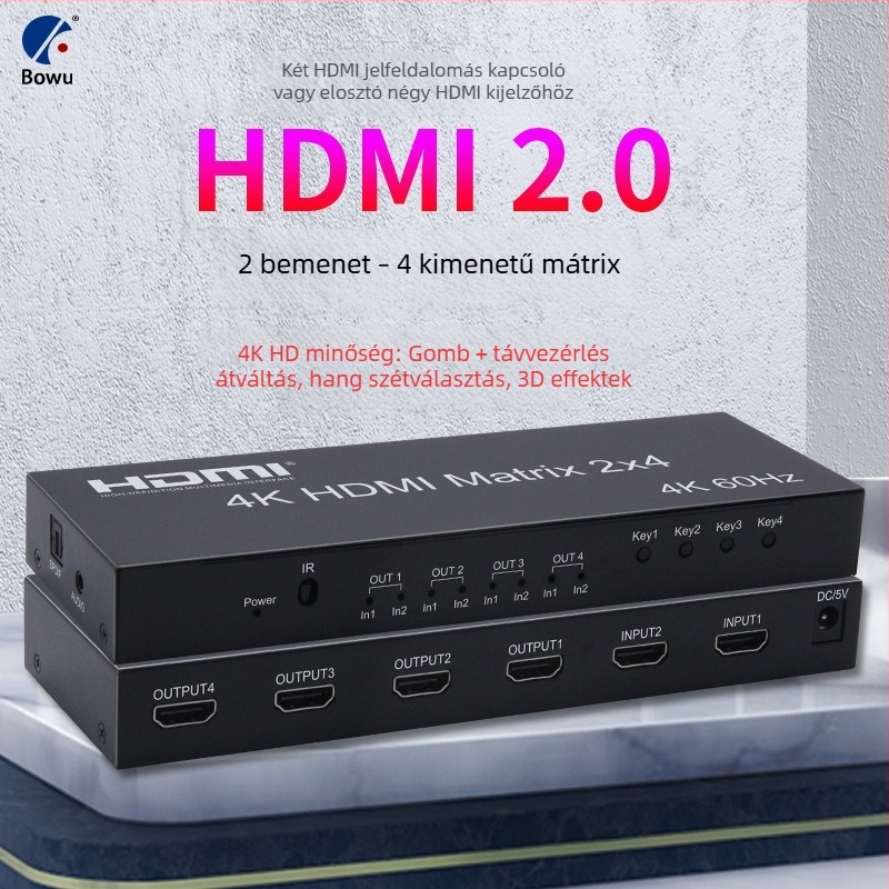 HDMI mátrix 2x4 hangkimenet-kapcsolóval, 4K@60Hz, kapcsoló/el osztó, távirányítóval