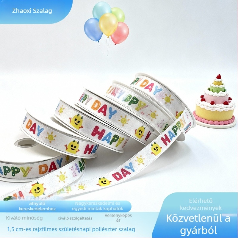 1,5 cm széles poliészter szalag Cartoon Happy Birthday mintával ajándékcsomagoláshoz és torták díszítéséhez