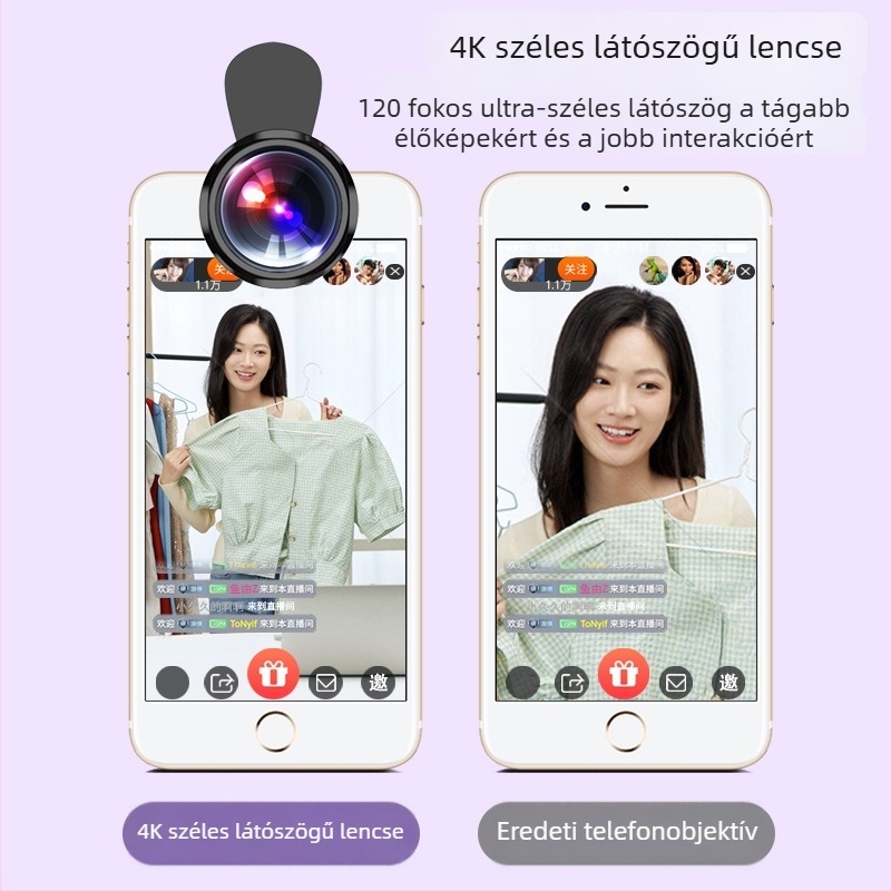 Mobiltelefonos élő közvetítéshez széles látószögű lencse, 2-in-1 makró, HD, kompatibilis a PICKOGEN-nel