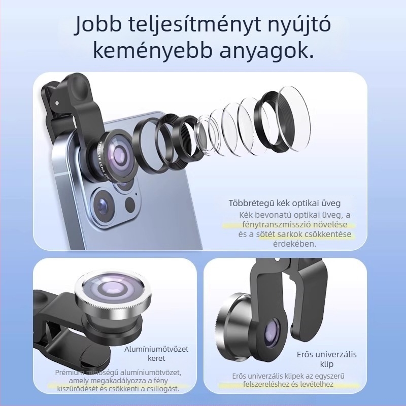 Okostelefon-lencse készlet: fisheye, makró, széles látószög, speciális effektek • Márka: Friendly • Modell: Yyjtou • Kompatibilitás: univerzális