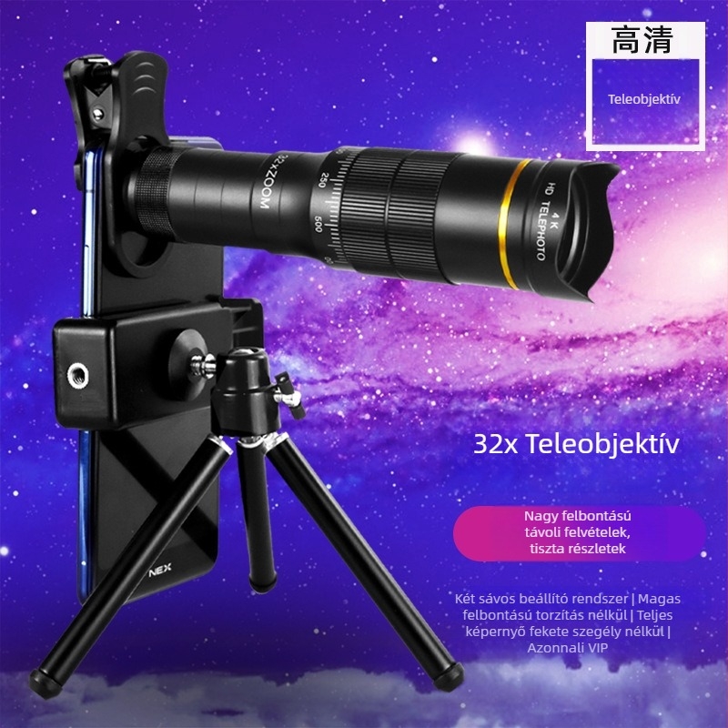32x zoomos okostelefon-teleobjektív, külső univerzális teleobjektív okostelefonhoz, gyorsan állítható zoom, kompatibilis Apple, Samsung, Huawei, Xiaomi, Oppo