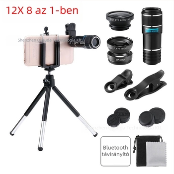 Telefon-lencsék készlet – 10 az 1-ben, 8x/12x teleobjektívvel, széles látószögű és fisheye lencsék