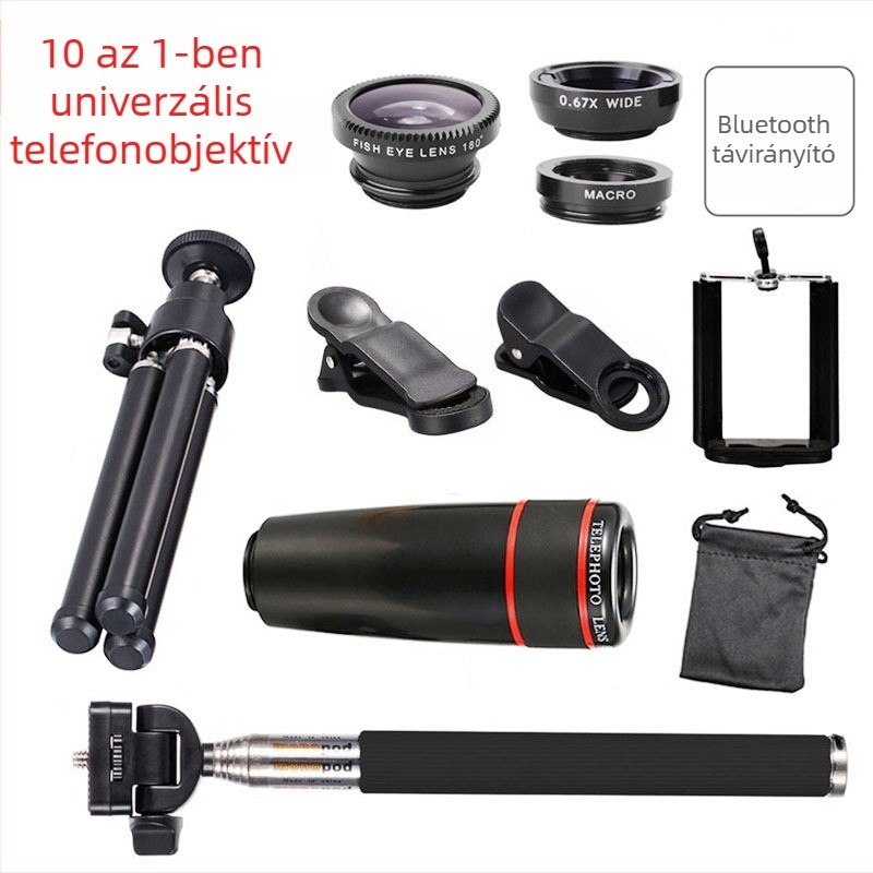 Telefon-lencsék készlet – 10 az 1-ben, 8x/12x teleobjektívvel, széles látószögű és fisheye lencsék