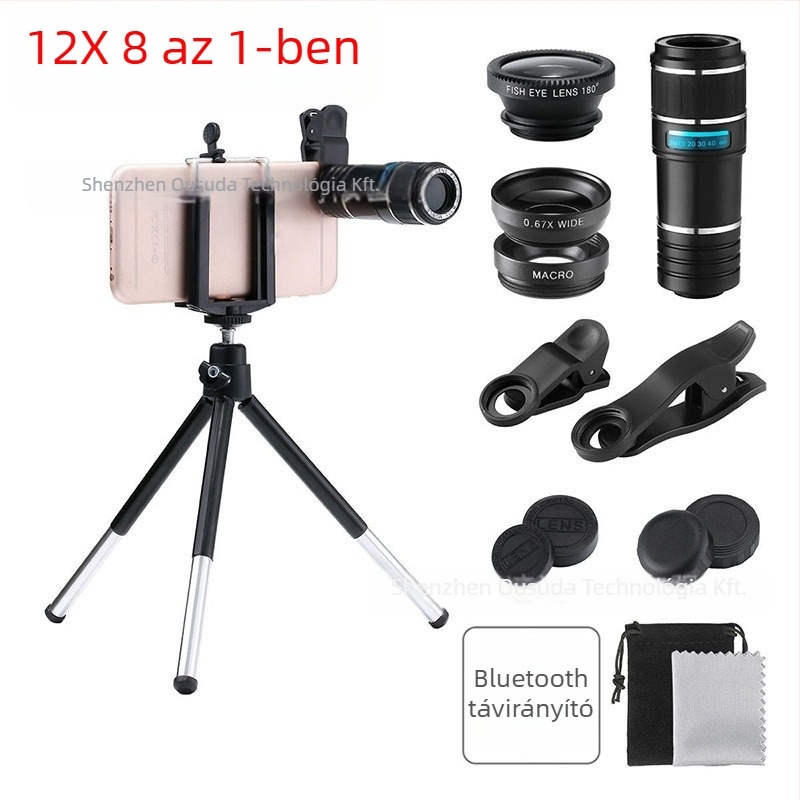 Telefon-lencsék készlet – 10 az 1-ben, 8x/12x teleobjektívvel, széles látószögű és fisheye lencsék