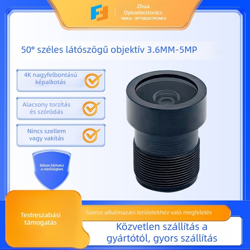 Feihua optikai objektív kamerákhoz, 1/2.7 érzékelő, F1.8 fényerő, 3.6 mm fókusztávolság, 6G konstrukció, 118° látómező, 100 mm közeli fókusz