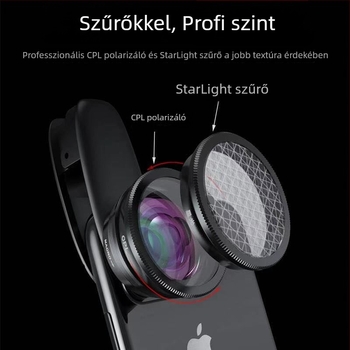 Külső HD lencse a mobiltelefon kamerához, torzításmentes, széles látószögű és makro 2-az-1-ben, CPL-kompatibilis, modell 6131A4