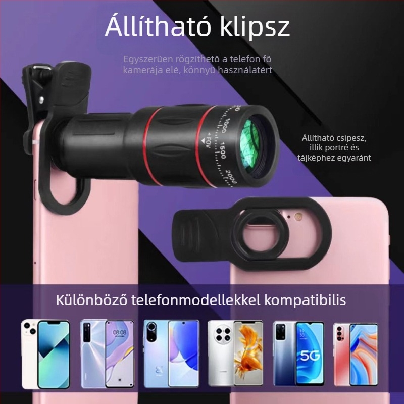 Monokuláris teleszkópos zoom objektív okostelefonokra, 8x nagyítás, teleobjektív, univerzális kompatibilitás