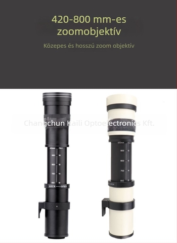 Kelda 420-800 mm-es zoom teleobjektív, F/8.3-16, manuális fókusz, asztrofotózáshoz; 2 csoport 4 elem, 67 mm szűrőátmérő, 1,5 m minimális fókusztávolság