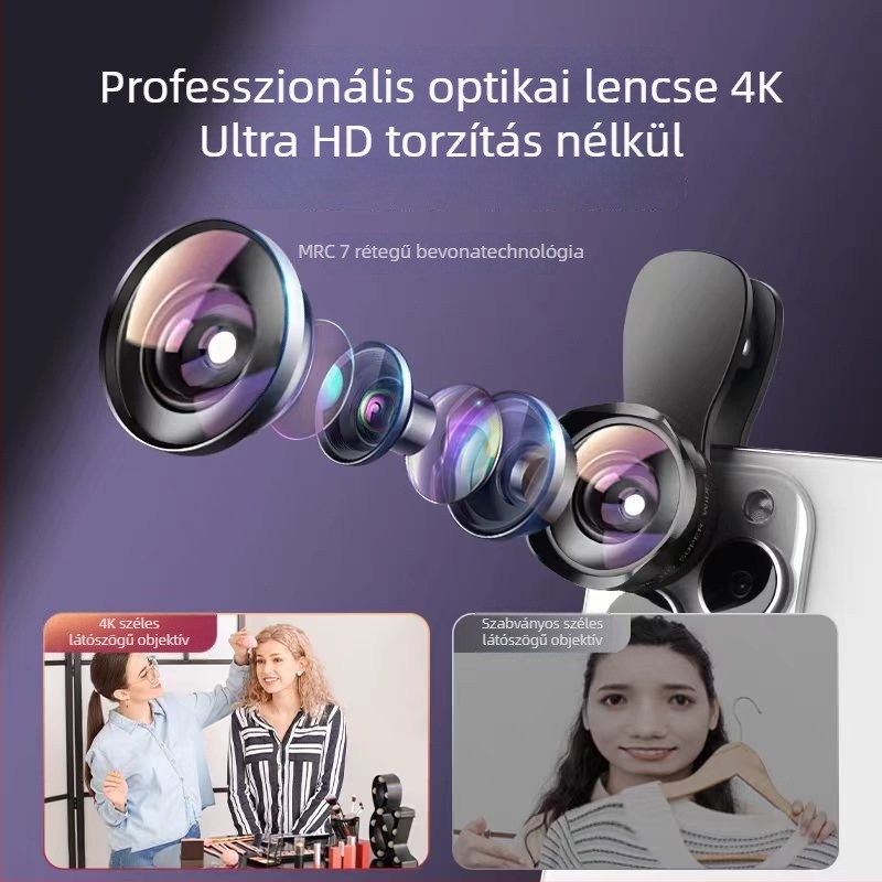 Okostelefon-lencse 4K/5K, széles látószögű + makró, élő közvetítéshez, akril lencse