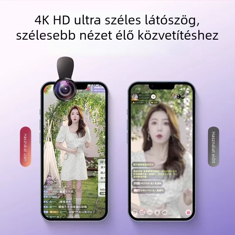 Okostelefon-lencse 4K/5K, széles látószögű + makró, élő közvetítéshez, akril lencse