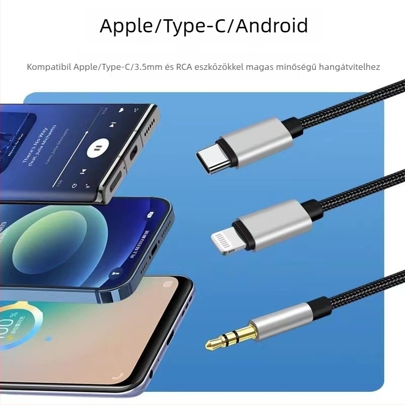 Többszínű audio kábel USB-C, Lightning, 3,5 mm és RCA csatlakozókkal, nikkelbevonatú csatlakozók, réz vezetők, CE tanúsítvány