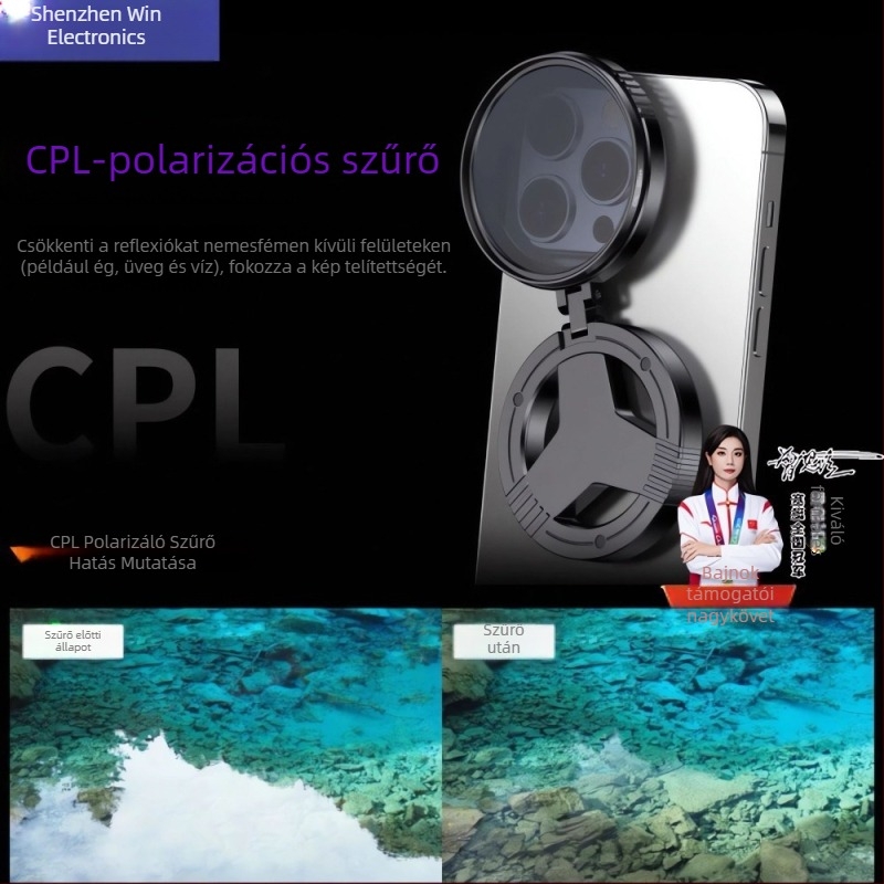 CPL polarizátor mobil fotózásra mágneses rögzítéssel, modell CPL011, univerzális kompatibilitás