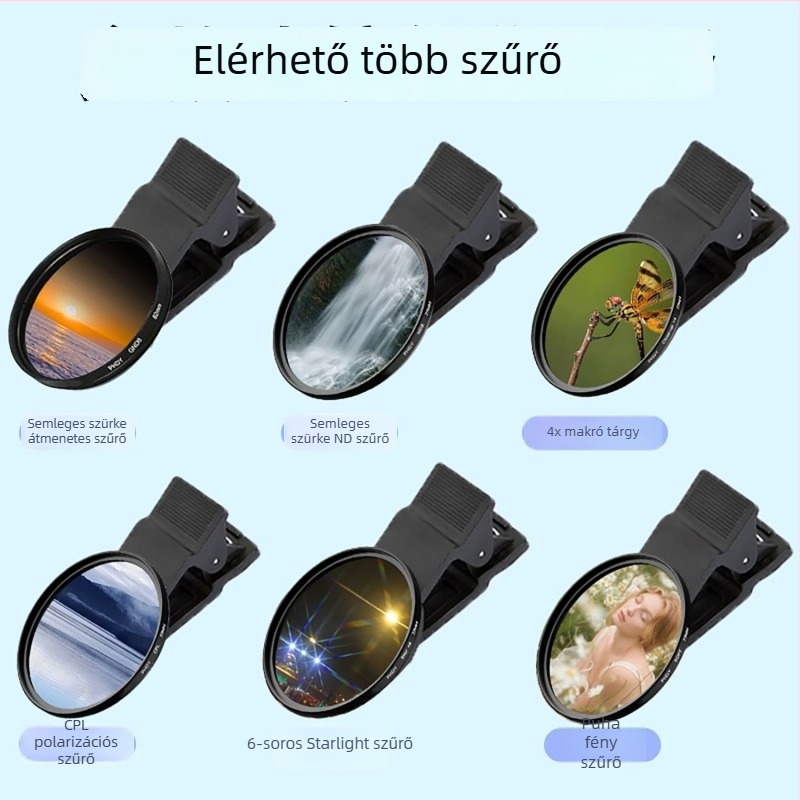 Mobiltelefonos fotózáshoz clip-filtrész készlet: CPL polarizátor, makró, csillagfény effektus, lágy fókusz, ND csökkentés