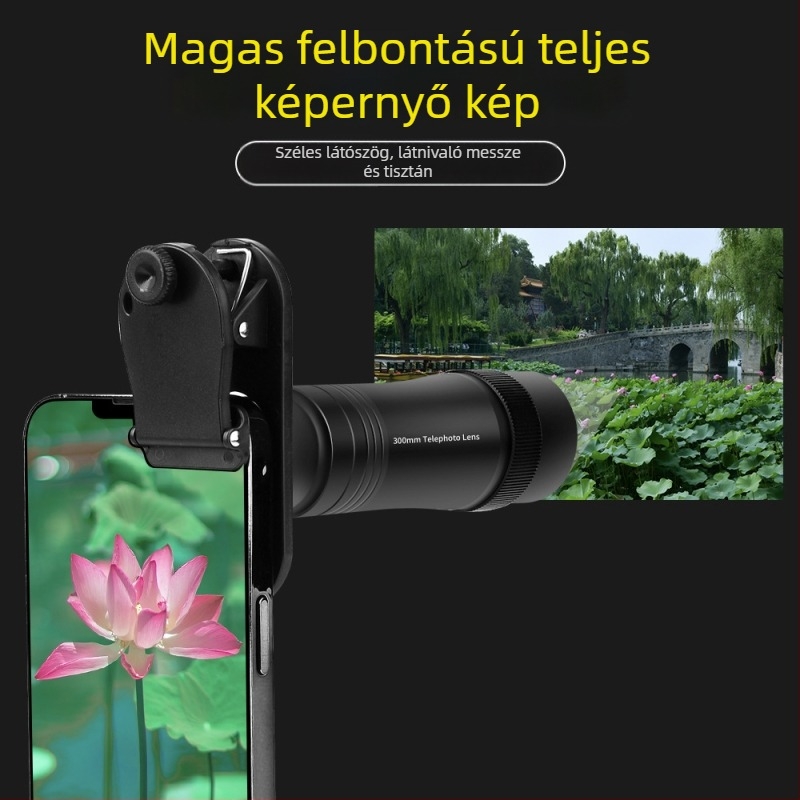 Mobiltelefon teleobjektív 300 mm, TL300, JM, alumíniumötvözet és optikai üveg, univerzális kompatibilitás mobiltelefonokkal