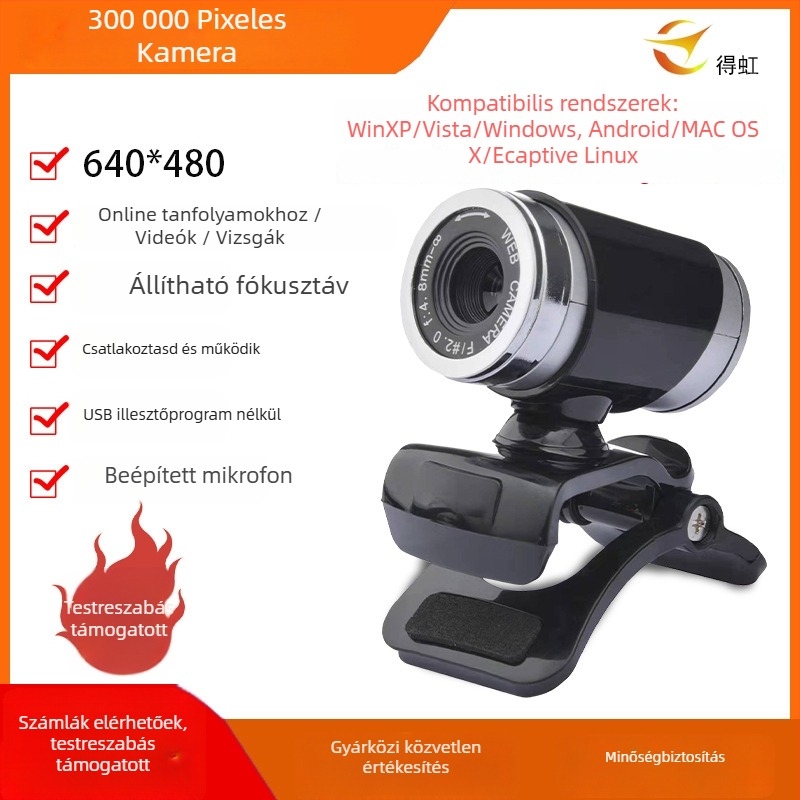 USB-kamera asztali és noteszgéphez beépített mikrofonnal, CMOS 640x480 felbontás, 30 FPS, USB 2.0, illesztőprogram nélkül